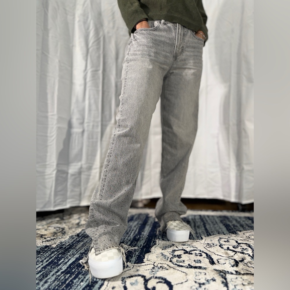 Gray Straight-Leg Rhinestone Jeans - Picture 6 of 6
